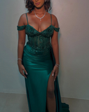 Niulatu Sheath Green Formal Dresses Satin Applique Long Prom Dresses with Slits HZ1026