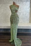 Niulatu Asymmetric Sheath Long Prom Dresses Tulle Sequins Green Evening Dresses with Slits HZ1026