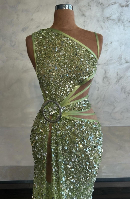 Niulatu Asymmetric Sheath Long Prom Dresses Tulle Sequins Green Evening Dresses with Slits HZ1026