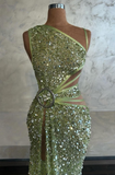Niulatu Asymmetric Sheath Long Prom Dresses Tulle Sequins Green Evening Dresses with Slits HZ1026