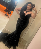 Niulatu V-neck Mermaid Long Prom Dresses Tulle Sequin Black Evening Dresses HZ1026