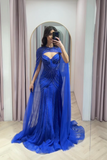 Niulatu Spaghetti Strap Mermaid Long Prom Dresses with Beaded Chiffon and Royal Blue Evening Dresses with Cape HZ1026