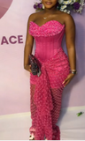 Niulatu Sweetheart Sheath Long Prom Dresses Beaded Tulle Fuchsia Evening Dresses HZ1026