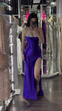 Niulatu Rhinestone Sheath Long Prom Dresses Satin Purple Evening Dresses with Slits HZ1026