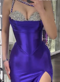 Niulatu Rhinestone Sheath Long Prom Dresses Satin Purple Evening Dresses with Slits HZ1026