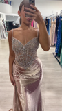 Niulatu Spaghetti Strap Sheath Long Prom Dresses Satin New Year's Eve Dresses with Slits HZ1026