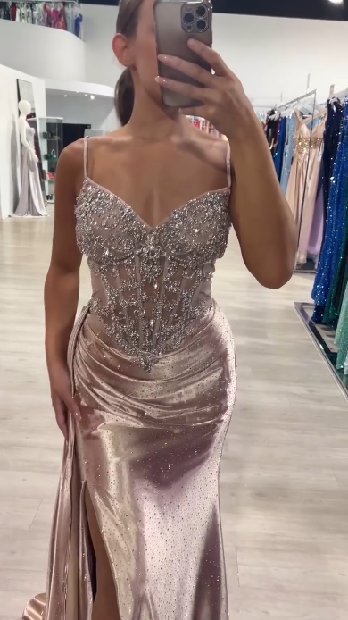 Niulatu Spaghetti Strap Sheath Long Prom Dresses Satin New Year's Eve Dresses with Slits HZ1026