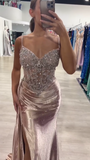 Niulatu Spaghetti Strap Sheath Long Prom Dresses Satin New Year's Eve Dresses with Slits HZ1026