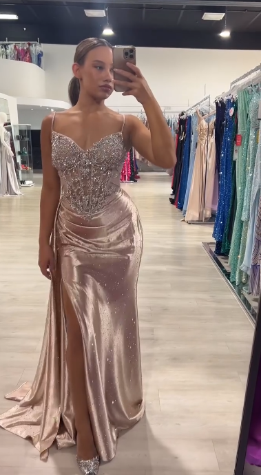 Niulatu Spaghetti Strap Sheath Long Prom Dresses Satin New Year's Eve Dresses with Slits HZ1026