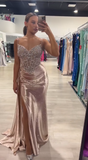 Niulatu Spaghetti Strap Sheath Long Prom Dresses Satin New Year's Eve Dresses with Slits HZ1026