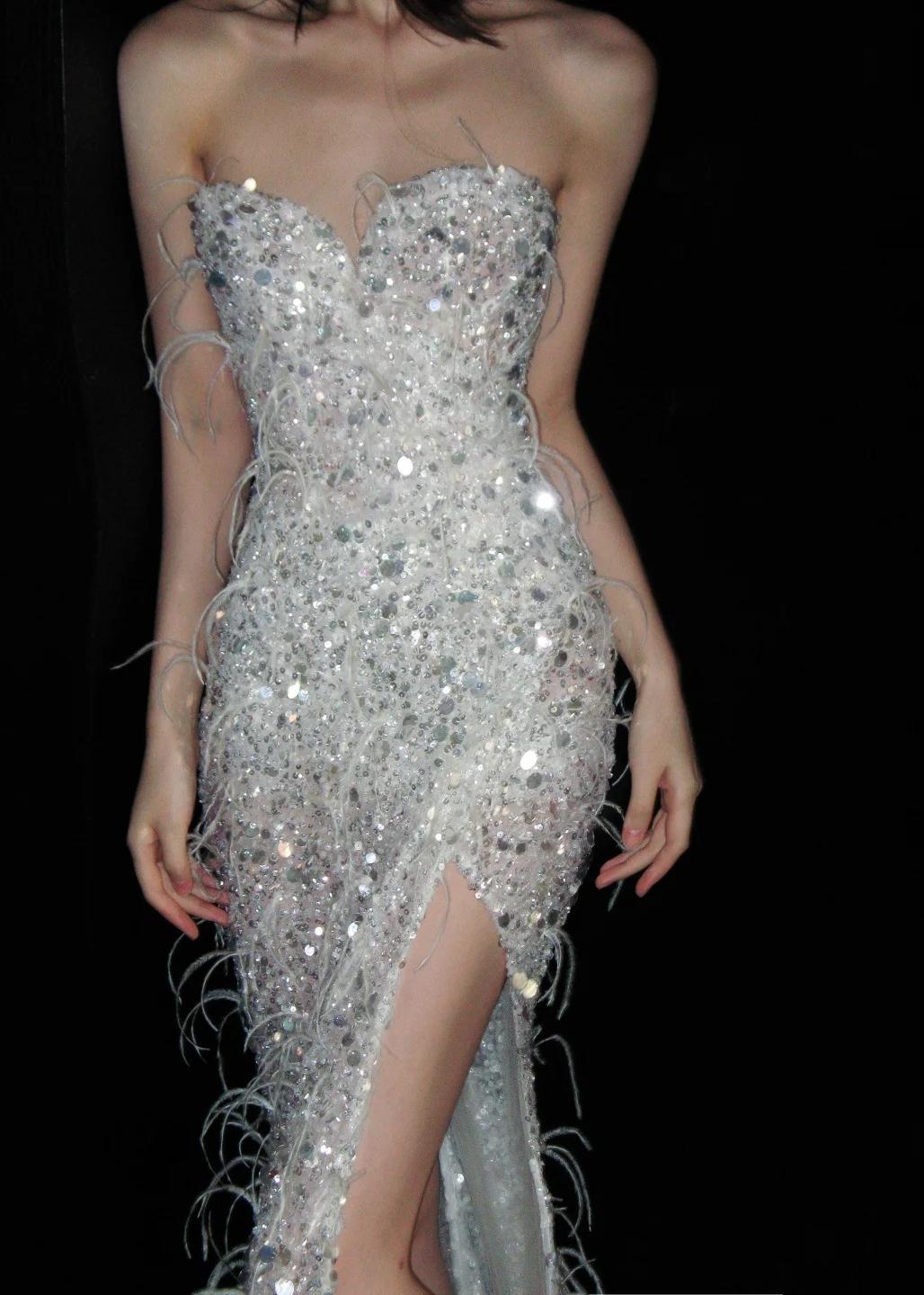 Niulatu Sweetheart Mermaid Long Prom Dresses Sequined White Evening Dresses with Slits HZ1026