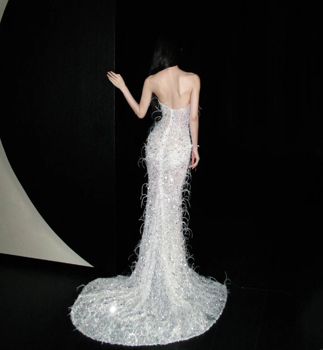 Niulatu Sweetheart Mermaid Long Prom Dresses Sequined White Evening Dresses with Slits HZ1026