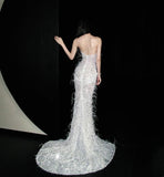 Niulatu Sweetheart Mermaid Long Prom Dresses Sequined White Evening Dresses with Slits HZ1026