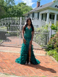 Niulatu Spaghetti Strap Sheath Long Prom Dresses Feather Applique Green Evening Dresses with Slits HZ1026