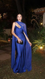 Niulatu Spaghetti Strap Sheath Long Prom Dresses Satin Blue Evening Dresses Elegant Wedding Guest Dresses HZ1026