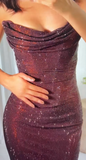 Niulatu Sheath Long Prom Dresses Sequin Brown Evening Dresses Elegant Strapless Wedding Guest Dresses HZ1026
