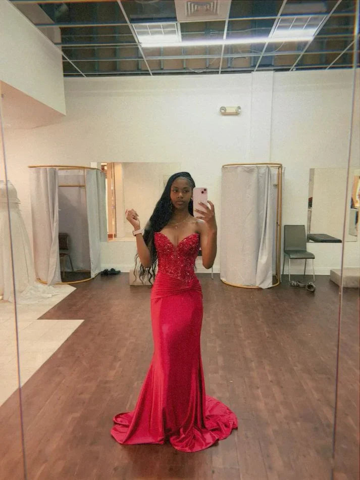 Niulatu Sweetheart Neck Mermaid Long Prom Dresses Satin Applique Beading Red New Year's Evening Dresses HZ1026