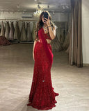 Niulatu Two-Piece Mermaid Long Prom Dresses Sequin Red New Year's Eve Dresses HZ1026