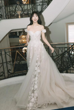 Niulatu Off-the-shoulder A-Line Long Wedding Dresses Tulle Applique Sleeveless Bridal Gowns Ivory Bridal Dresses HZ1026