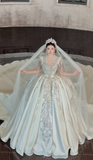 Niulatu V-neck Ball Gown Long Wedding Dresses Short Sleeve Bridal Gowns Beaded Satin Bridal Dresses HZ1026