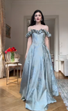 Niulatu Off-the-Shoulder A-Line Green Long Prom Dresses Printed Satin Long Birthday Dresses Green Evening Dresses HZ1026