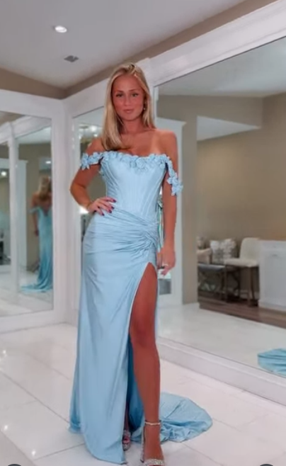 Niulatu Off-the-shoulder Sheath Blue Long Prom Dresses Satin Blue Formal Dresses Slit Wedding Guest Dresses HZ1026