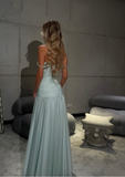Niulatu Spaghetti Strap A-Line Tiffany Blue Long Prom Dresses Chiffon Sleeveless Formal Dresses Tiffany Blue Evening Dresses HZ1026