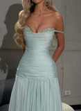 Niulatu Spaghetti Strap A-Line Tiffany Blue Long Prom Dresses Chiffon Sleeveless Formal Dresses Tiffany Blue Evening Dresses HZ1026