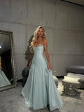 Niulatu Spaghetti Strap A-Line Tiffany Blue Long Prom Dresses Chiffon Sleeveless Formal Dresses Tiffany Blue Evening Dresses HZ1026
