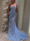 Niulatu Sweetheart Neck Sheath Blue Long Prom Dresses Lace Applique Sleeveless Formal Dresses Blue Evening Dresses HZ1026