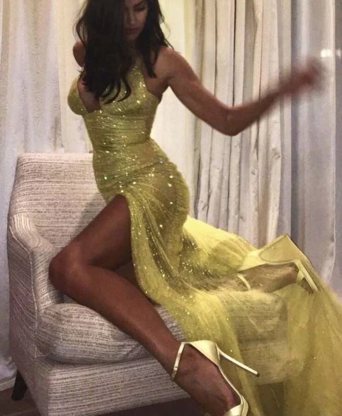 Niulatu Spaghetti Strap Sheath Yellow Long Prom Dresses Tulle Sequin Formal Dresses Yellow Evening Dresses HZ1026