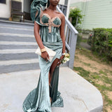 Niulatu One Shoulder Sheath Green Long Prom Dresses Velvet Sleeveless Formal Dresses Green Evening Dresses HZ1026