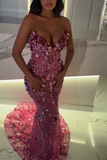 Niulatu Sweetheart Mermaid Pink Long Prom Dresses Tulle Sequin Pink Evening Dresses HZ1026