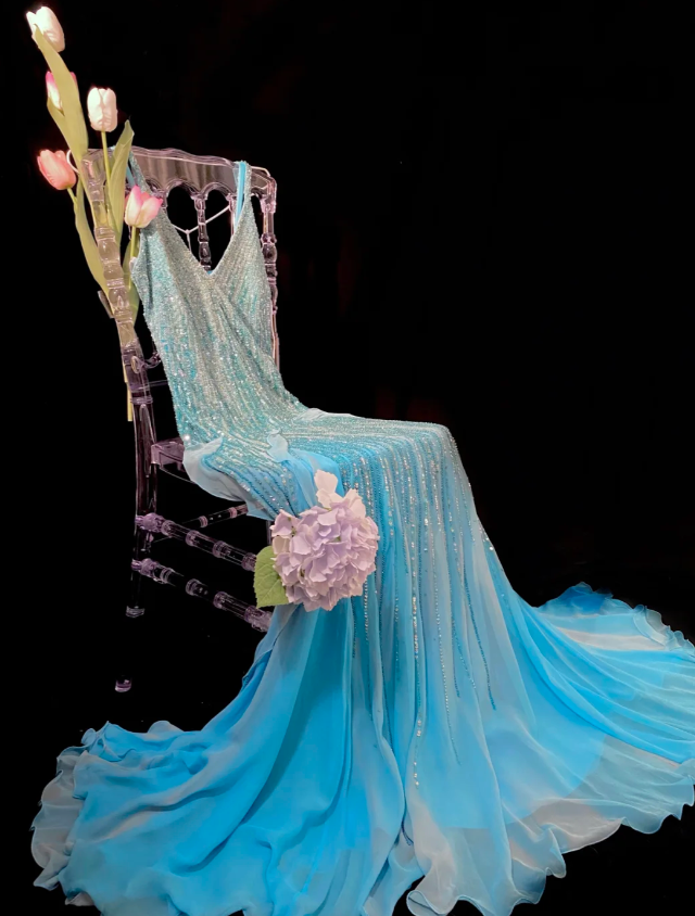 Niulatu V-neck Sheath Blue Long Prom Dresses Chiffon Beaded Blue Long Formal Dresses HZ1026