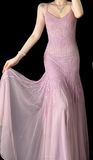 Niulatu Spaghetti Strap Sheath Pink Long Prom Dresses Chiffon Beaded Pink Long Formal Dresses HZ1026