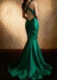 Niulatu V-neck Mermaid Green Long Prom Dresses Satin Green Long Formal Dresses Sleeveless Wedding Guest Dresses HZ1026