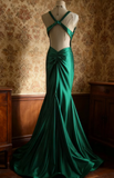 Niulatu V-neck Mermaid Green Long Prom Dresses Satin Green Long Formal Dresses Sleeveless Wedding Guest Dresses HZ1026