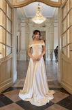 Niulatu Off-the-shoulder Sheath Long Formal Dresses Satin White Evening Gowns White Wedding Guest Dresses HZ1026