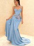 Niulatu Spaghetti Strap Sheath Blue Long Prom Dresses Chiffon Sky Blue Evening Dresses HZ1026
