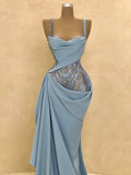 Niulatu Spaghetti Strap Sheath Blue Long Prom Dresses Chiffon Sky Blue Evening Dresses HZ1026