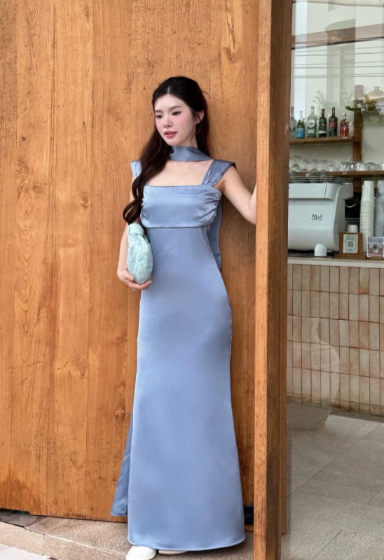 Niulatu Square Neck Sheath Grey Blue Long Bridesmaid Dresses Satin Grey Blue Wedding Guest Dresses HZ1026
