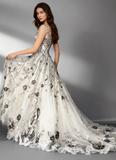 Niulatu V-neck A-Line Tulle Long Prom Dresses Tulle Beaded Applique White Quincea?era Dresses 2025 Halloween Dress HZ1026