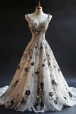 Niulatu V-neck A-Line Tulle Long Prom Dresses Tulle Beaded Applique White Quincea?era Dresses 2025 Halloween Dress HZ1026