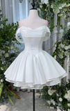 Niulatu Off-the-shoulder Homecoming Dresses White A-Line Short Prom Dresses Satin Sweet White Birthday Dresses HZ1026