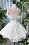 Niulatu Off-the-shoulder Homecoming Dresses White A-Line Short Prom Dresses Satin Sweet White Birthday Dresses HZ1026