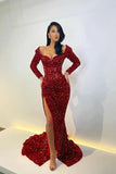 Niulatu V-neck Sheath Burgundy Long Prom Dresses with Sequins and Slits Burgundy Evening Dresses HZ1026