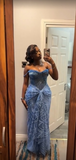 Niulatu Off-the-shoulder Sheath Blue Long Prom Dresses Tulle Blue Long Evening Dresses HZ1026
