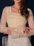 Niulatu Square Neck Sheath Pale Yellow Long Prom Dresses Lace Sequin Pale Yellow Wedding Guest Dresses Long Sleeve Evening Dresses HZ1026