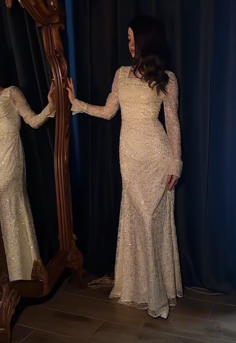 Niulatu Square Neck Sheath Pale Yellow Long Prom Dresses Lace Sequin Pale Yellow Wedding Guest Dresses Long Sleeve Evening Dresses HZ1026