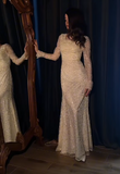 Niulatu Square Neck Sheath Pale Yellow Long Prom Dresses Lace Sequin Pale Yellow Wedding Guest Dresses Long Sleeve Evening Dresses HZ1026